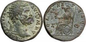 Septimius Severus (193-211). AE Dupondius, 195 AD. L SEPT SEV PERT AVG IMP V. Radiate head right. / ROMAE AETERNAE SC. Roma seated left on shield, hol...