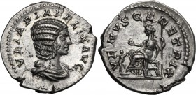 Julia Domna, wife of Septimius Severus (died 217 AD). AR Denarius, struck under Caracalla, c. 215-217 AD. IVLIA PIA FELIX AVG. Draped bust right. / VE...