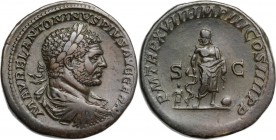 Caracalla (198-217). AE Sestertius, Rome mint, 215 AD. M AVREL ANTONINVS PIVS AVG GERM. Laureate, draped and cuirassed bust right, seen from back. / P...