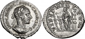 Macrinus (217-218). AR Denarius, Rome mint. IMP C M OPEL SEV MACRINVS AVG. Laureate and cuirassed bust right. / FIDES MILITVM. Fides standing left, ho...