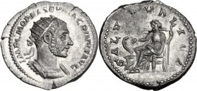 Macrinus (217-218). AR Antoninianus, 217 AD. IMP C M OPEL SEV MACRINVS AVG.Radiate and cuirassed bust right. / SALVS PVBLICA. Salus seated left, feedi...