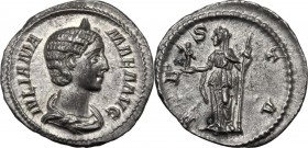 Iulia Mamaea, mother of Severus Alexander (died 235 AD). AR Denarius, 226 AD. IVLIA MAMAEA AVG. Diademed and draped bust right. / VESTA. Vesta standin...
