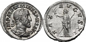 Maximinus I (235-238). AR Denarius, 235-236 AD. IMP MAXIMINVS PIVS AVG. Laureate, draped and cuirassed bust right. / PAX AVGVSTI. Pax standing left, h...