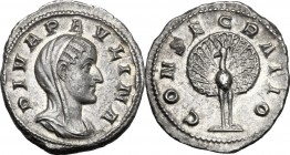 Paulina, wife of Maximinus I (died 235 AD). AR Denarius. Consecration issue, Rome mint, 236 AD. DIVA PAVLINA. Veiled and draped bust right. / CONSECRA...