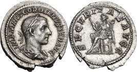 Gordian I Africanus (238 AD). AR Denarius, Rome mint, March-April 238 AD. IMP M ANT GORDIANVS AFR AVG. Laureate, draped and cuirassed bust right. / SE...