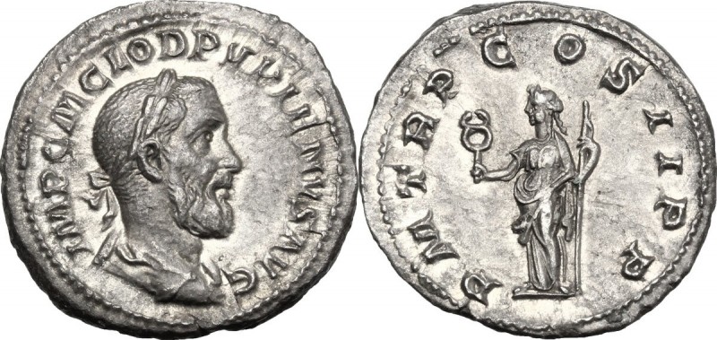 Pupienus (238 AD). AR Denarius, Rome mint. IMP C M CLOD PVPIENVS AVG. Laureate, ...