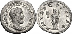 Pupienus (238 AD). AR Denarius, Rome mint. IMP C M CLOD PVPIENVS AVG. Laureate, draped and cuirassed bust right. / PM TR P COS II PP. Felicitas standi...