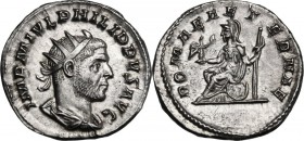 Philip I (244-249). AR Antoninianus, Ludi Saeculares issue. Antioch mint, struck 247-248 AD. IMP M IVL PHILIPPVS AVG. Radiate, draped and cuirassed bu...