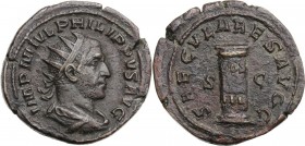 Philip I (244-249). AE Dupondius, Ludi Saeculares issue, commemorating the 1000 anniversary of Rome. Rome mint, 249 AD. IMP M IVL PHILIPPVS AVG. Radia...
