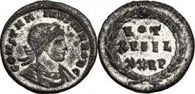 Constantine II as Caesar (317-337). AE Follis, Rome mint. CONSTANTINVS IVN NOB C. Laureate, draped and cuirassed bust right. / VOT/ XV FEL / XXRP in l...
