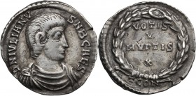 Julian II as Caesar (355-360). AR Siliqua, Arelate mint. DN IVLIANVS NB(sic) CAES. Bare-headed, draped and cuirassed bust right. / VOTIS/ V / MVPTIS(s...