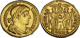 Valentinian I (364-375). AV Solidus, Treveri mint, 374-375 AD. DN VALENTINIANVS PF AVG. Rosette-diademed, draped and cuirassed bust right. / VICTORIA ...