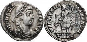 Gratian (367-383). AR Siliqua, Treveri mint. DN GRATIANVS PF AVG. Pearl-diademed, draped and cuirassed bust right. / VIRTVS ROMANORVM. Roma seated fac...