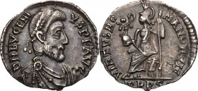 Eugenius (392-394). AR Siliqua, Treveri mint. DN EVGENI-VS PF AVG. Pearl-diademed, draped and cuirassed bust right. / VIRTVS RO-MANORVM. Roma seated l...