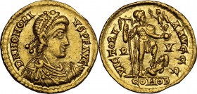 Honorius (393-423). AV Solidus, Ravenna mint. DN HONORIVS PF AVG. Pearl-diademed, draped and cuirassed bust right. / VICTORIA AVGGG. Honorius standing...