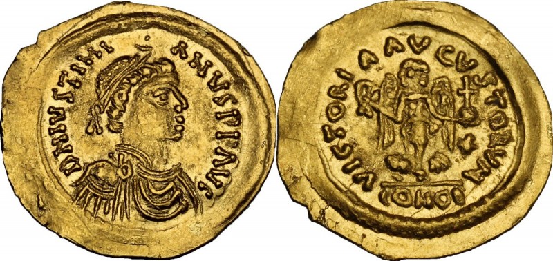 Justinian I (527-565). AV Tremissis, Ravenna mint. DN IVSTINIANVS PP AVG. Diadem...