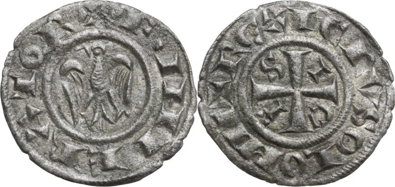 Federico II (1197-1250). Denaro, 1228, Messina. Aquila ad ali spiegate con testa...