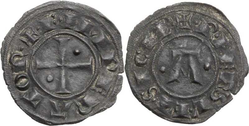 Federico II (1197-1250). Denaro, 1236, Brindisi. Croce patente; globetti nel sec...