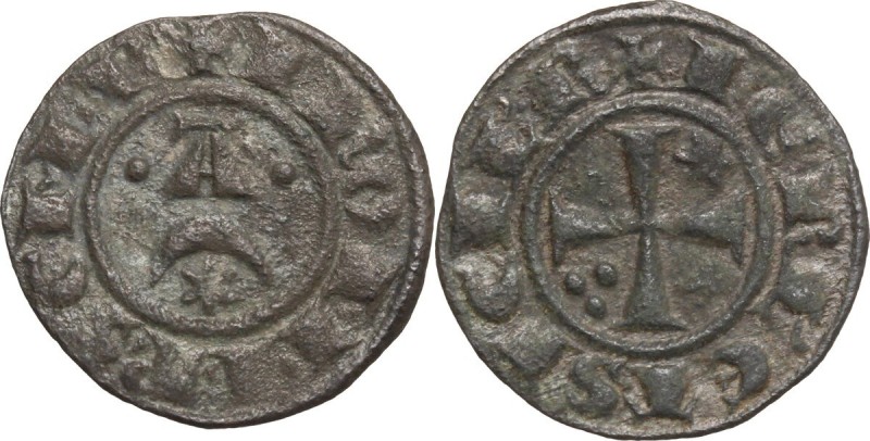 Federico II (1197-1250). Denaro, 1242, Messina. Crescente sormontata da lettera ...