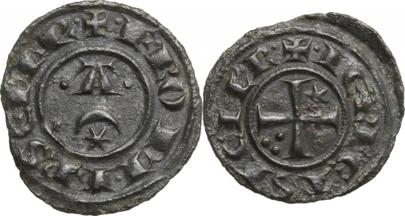 Federico II (1197-1250). Mezzo Denaro, 1242, Messina. Crescente sormontata da le...