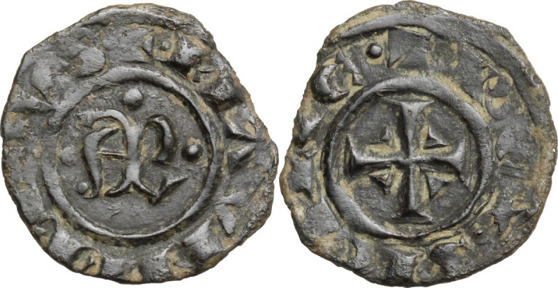 Manfredi (1258-1266). Denaro, 1258-1263, Brindisi. AP in monogramma accostata da...