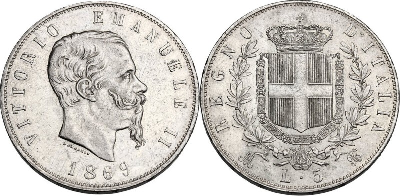 Vittorio Emanuele II (1861-1878). 5 Lire 1869 Milano. Pag. 489. Mont. 171. AG. 3...