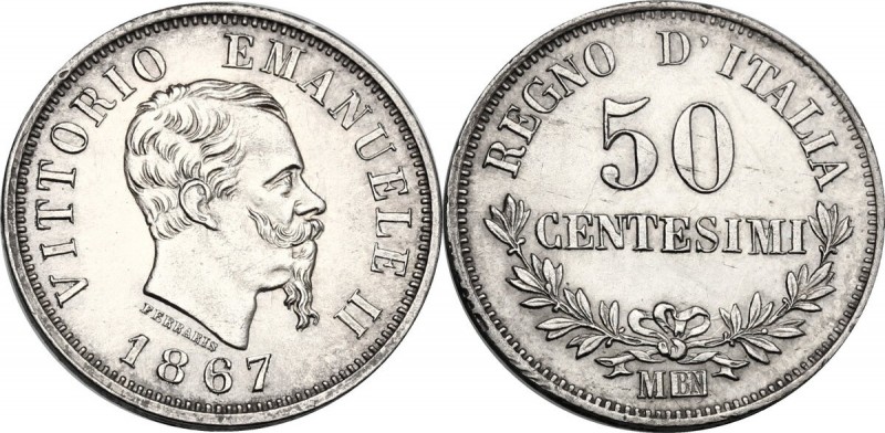 Vittorio Emanuele II (1861-1878). 50 Centesimi 1867 Milano. Pag. 531. Mont. 221....