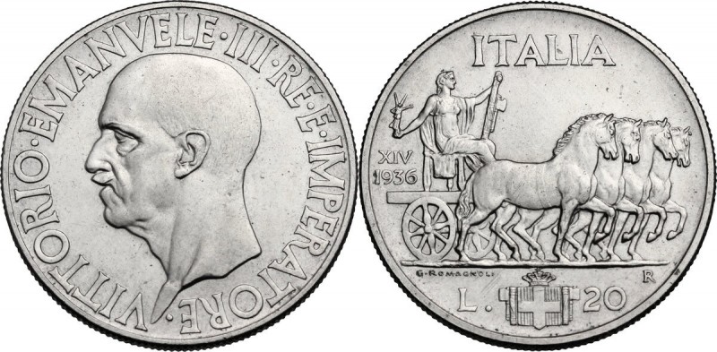 Vittorio Emanuele III (1900-1943). 20 Lire 1936 A. XIV. Pag. 681; Mont. 78. AG. ...