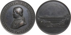 Pio IX (1846-1878), Giovanni Mastai Ferretti. Medaglia 1854 di massimo modulo. La costruzione del ponte di Ariccia. Busto a sinistra con berrettino mo...