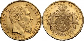Belgium. Leopold II (1835-1909). 20 Francs 1875. KM 37. Fried. 412. AV. 6.44 g. 21.50 mm. Nice reddish patina Good EF.