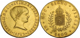 Brazil. Pedro II (1831-1889). 4 Escudos (6400 Reis) 1832. KM 387.1; Fried. 115. AV. 14.32 g. 32.00 mm. Ex jewelry. About EF.