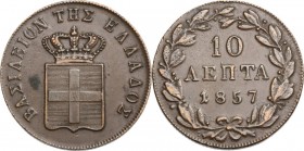 Greece. Otto of Bavaria (1832-1862), King of Greece. 10 Lepta 1857. KM 29; Divo (Greek) 20. AE. 27.50 mm. Opus: 12.84. About EF.