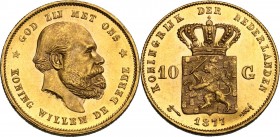 Netherlands. Willem III (1849-1890). 10 Gulden 1877. KM 106. Fried. 342. AV. 6.71 g. 22.50 mm. Minor edge bump. UNC.