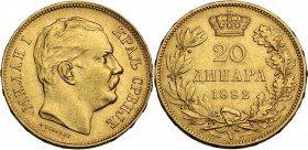 Serbia. Milan Obrenovich IV (1868-1889). 20 Dinars 1882. KM 17.1; Fried. 4. AV. 21.00 mm. About EF.