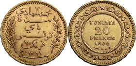 Tunisie. French Protectorate, Mohamed El Hadi Bey (1320-1324 AH / 1902-1906). 20 Francs 1904 A, Paris mint. KM 234. Lecompte 460. Fried. 12. AV. 6.44 ...