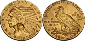 USA. 5 Dollars 1908, Philadelphia mint. KM 129; Fried. 148. AV. 8.34 g. 21.50 mm. About EF/Good VF.