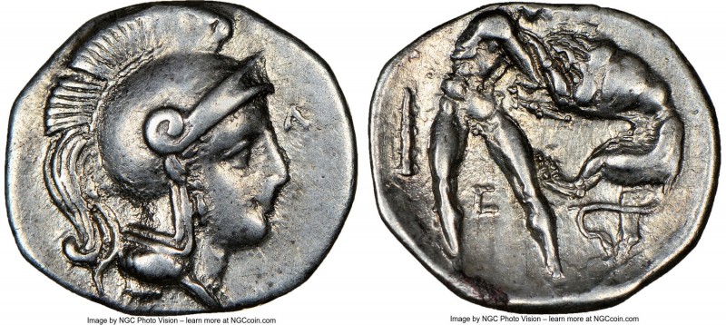 CALABRIA. Tarentum. Ca. 380-280 BC. AR diobol (13mm, 6h). NGC XF. Head of Athena...