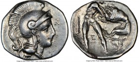 CALABRIA. Tarentum. Ca. 380-280 BC. AR diobol (13mm, 6h). NGC XF. Head of Athena right, wearing crested Attic helmet decorated with figure of Scylla h...