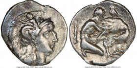 CALABRIA. Tarentum. Ca. 380-280 BC. AR diobol (13mm, 12h). NGC Choice VF. Head of Athena right, wearing crested Attic helmet decorated with figure of ...