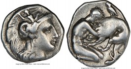 CALABRIA. Tarentum. Ca. 380-280 BC. AR diobol (12mm, 9h). NGC VF. Head of Athena right, wearing crested Attic helmet decorated with figure of Scylla h...