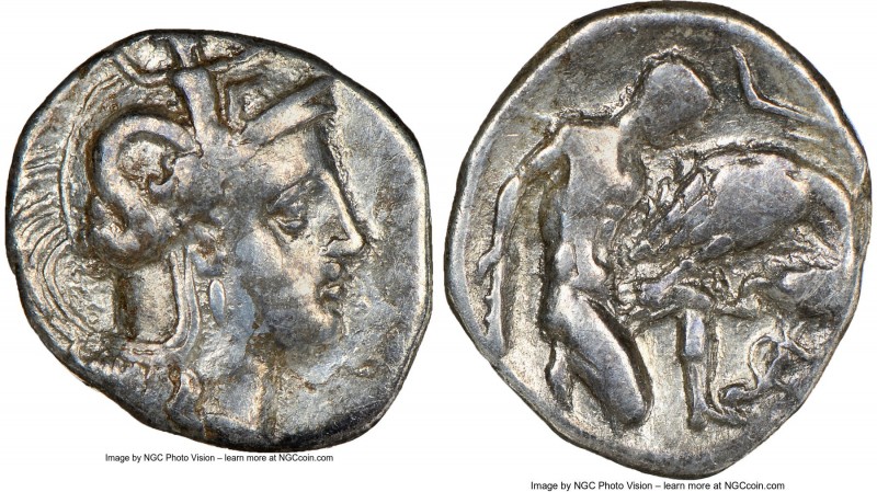 CALABRIA. Tarentum. Ca. 380-280 BC. AR diobol (12mm, 3h). NGC VF. Head of Athena...