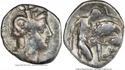 CALABRIA. Tarentum. Ca. 380-280 BC. AR diobol (12mm, 3h). NGC VF. Head of Athena right, wearing crested Attic helmet decorated with figure of Scylla h...