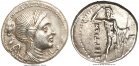 BRUTTIUM. The Brettii. Ca. 216-214 BC. AR drachm (19mm, 4.54 gm, 1h). Choice VF. Second Punic War issue. Draped bust of Nike right, seen from front wi...