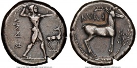 BRUTTIUM. Caulonia. Ca. 475-410 BC. AR stater (20mm, 8.05 gm, 2h). NGC Choice VF 5/5 - 2/5, edge cuts. KAVA, nude Apollo striding right, laurel branch...