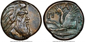 CIMMERIAN BOSPORUS. Panticapaeum. 4th century BC. AE (21mm, 11h). NGC Choice VF. Head of bearded Pan right / ?-A-N, forepart of griffin left, sturgeon...