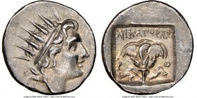 CARIAN ISLANDS. Rhodes. Ca. 88-84 BC. AR drachm (16mm, 12h). NGC AU. Plinthophoric standard, Nicagoras, magistrate. Radiate head of Helios right / NIK...