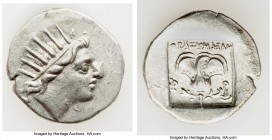CARIAN ISLANDS. Rhodes. Ca. 88-84 BC. AR drachm (15mm, 1.99 gm, 12h). XF. Plinthophoric standard, Thrasymedes, magistrate. Radiate head of Helios righ...