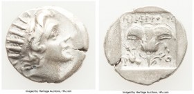 CARIAN ISLANDS. Rhodes. Ca. 88-84 BC. AR drachm (16mm, 2.56 gm, 12h). About VF. Plinthophoric standard, Nicephorus, magistrate. Radiate head of Helios...