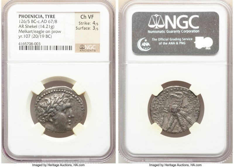 PHOENICIA. Tyre. 126/5 BC-AD 65/6. AR shekel (26mm, 14.21 gm, 12h). NGC Choice V...