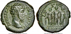THRACE. Augusta Traiana. Lucius Verus (AD 161-169). AE (19mm, 5.91 gm, 1h). NGC Choice XF 4/5 - 4/5. ?V ??? ? ?V-?? ?V????, bare head of Lucius Verus ...